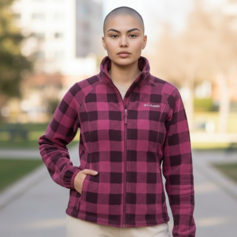 Columbia Women's Pink Black Buffalo Plaid Fleece Jacket Full Zip Size L